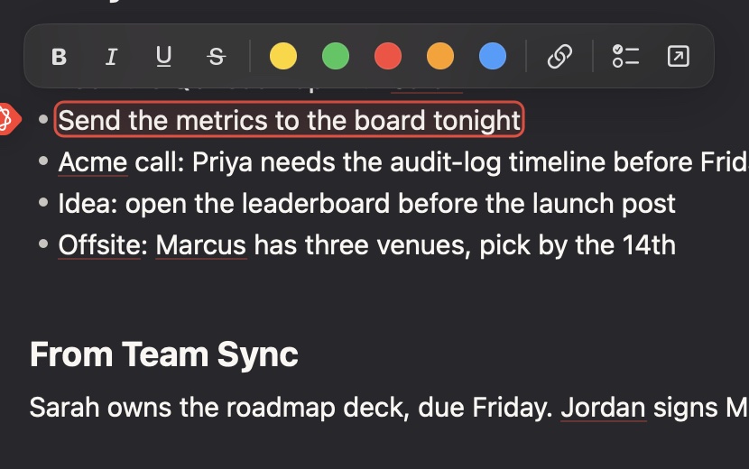 The floating format bar with bold, italic, five highlight colors, and capture actions