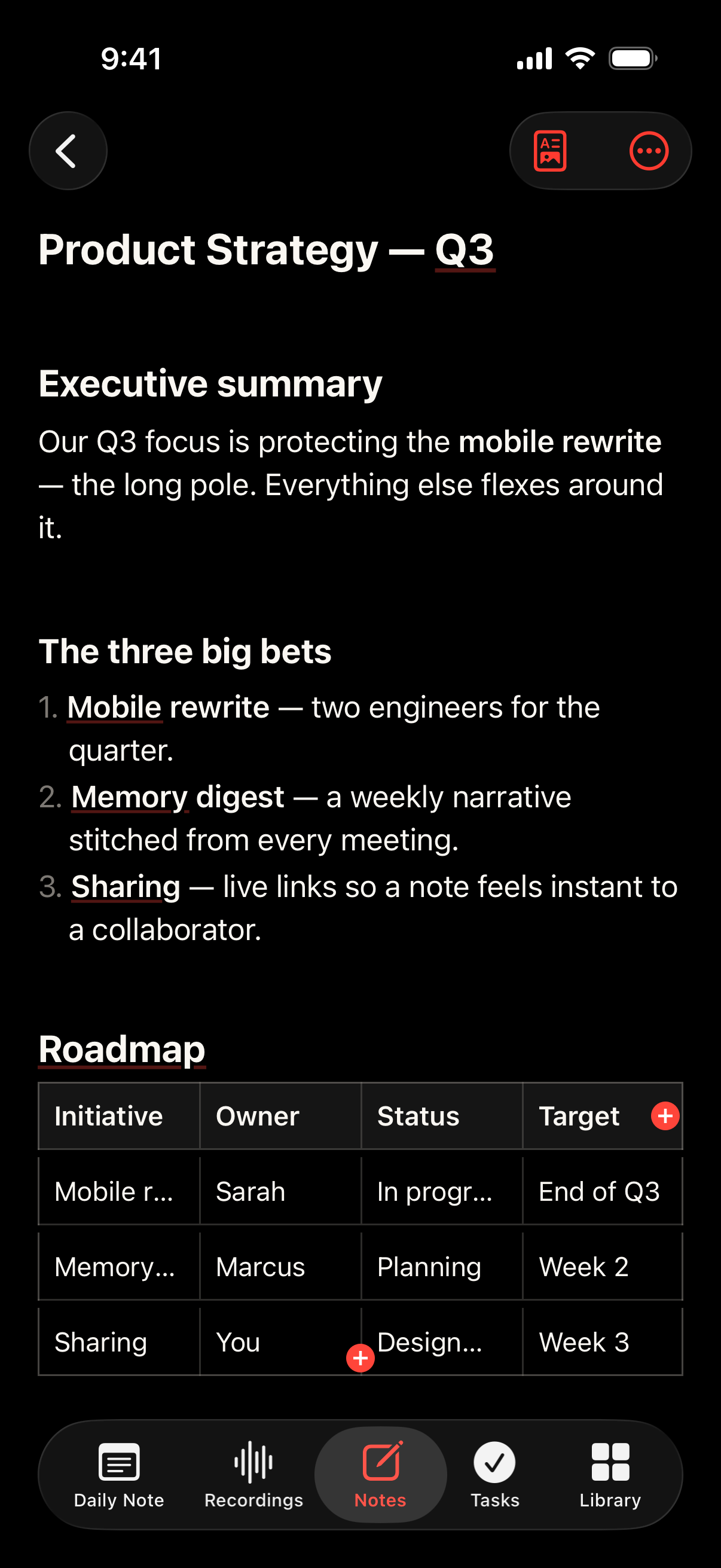 A live standalone note on iPhone, with headings, a checklist, and a table