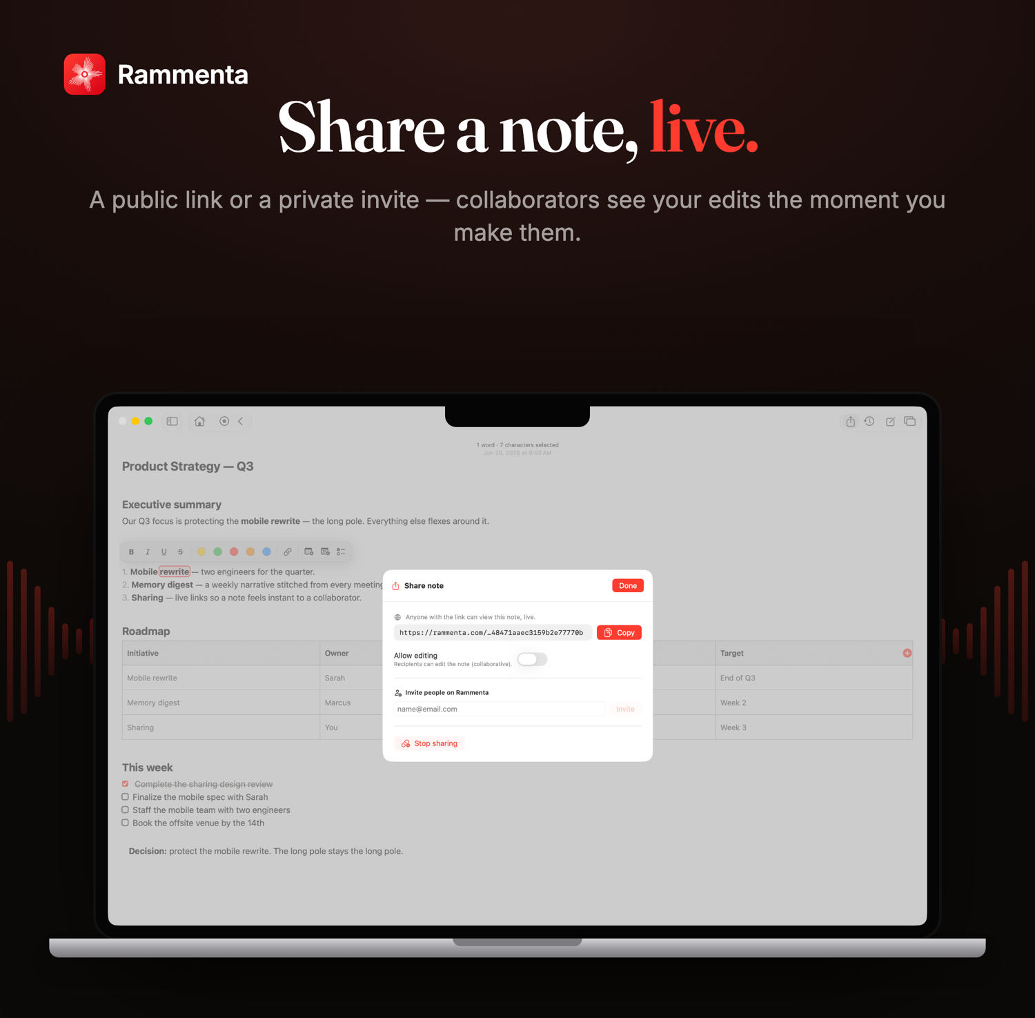 Share a note, live