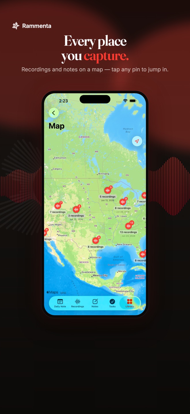 Every place you capture — recordings on a map